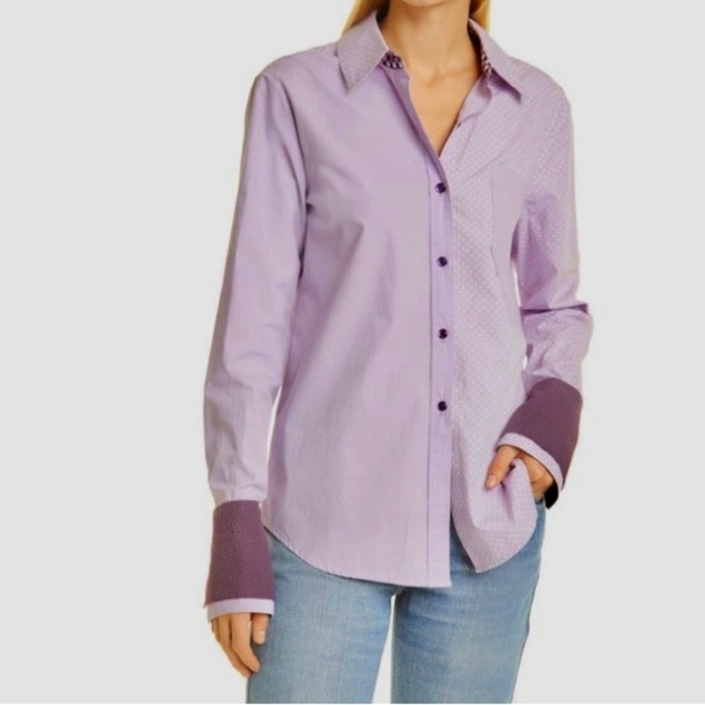 Le Superbe EX-BOYFRIEND DOUBLE CUFF BUTTON-UP SHIRT sz 4 Lavender fields multi